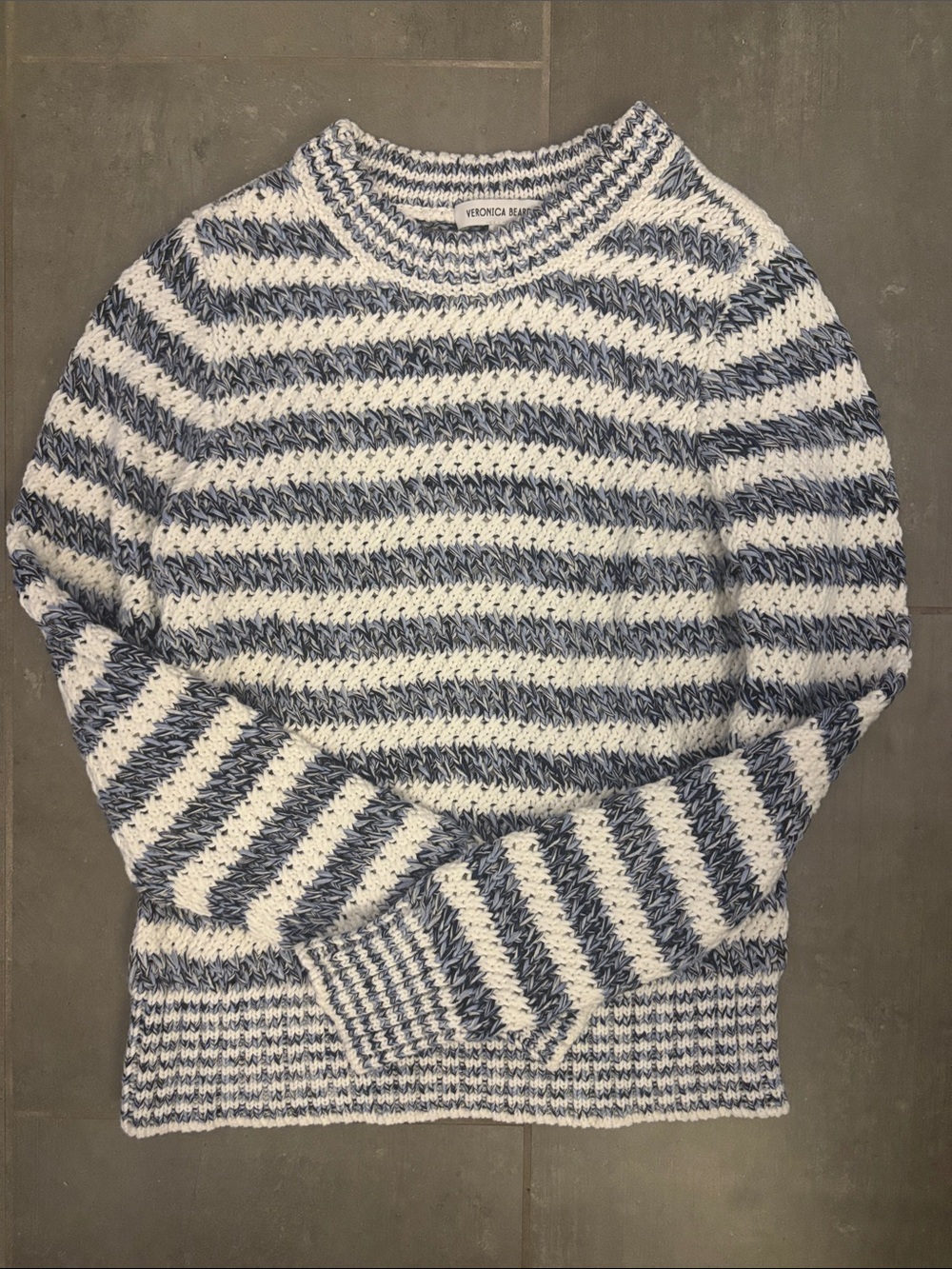 Veronica Beard Blue and White Striped Crewneck Sweater